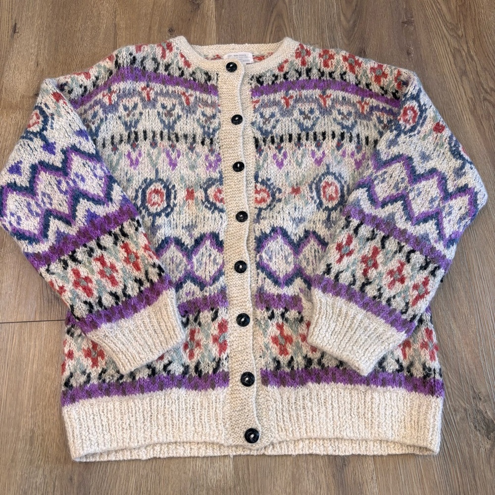 Baby Alpaca Women’s Chunky Knit Fair Isle Button Up Cardigan Sweater Size XL
